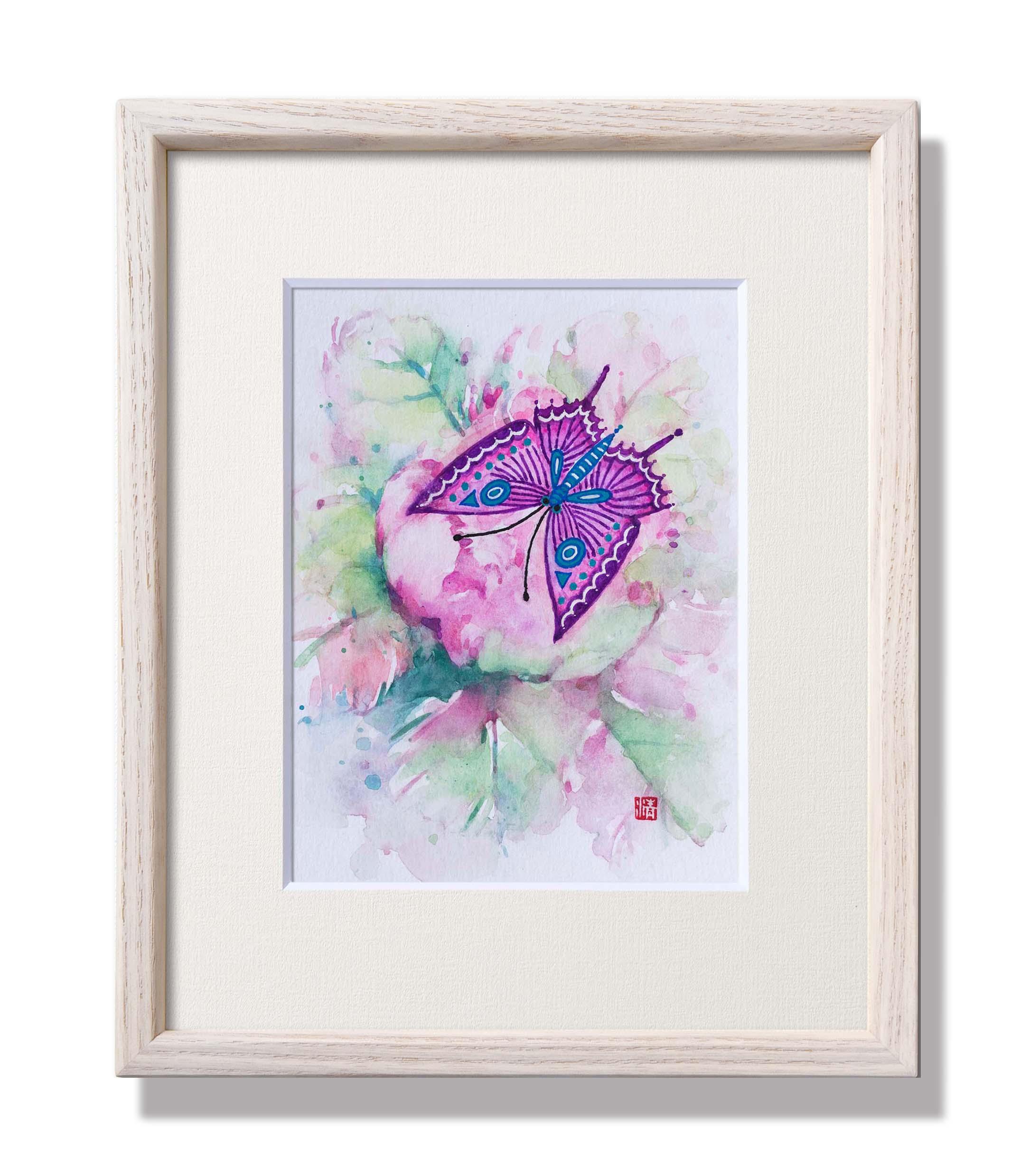 【蝶・恋・花-1】水彩原画 一点物 額縁付き　特典付き